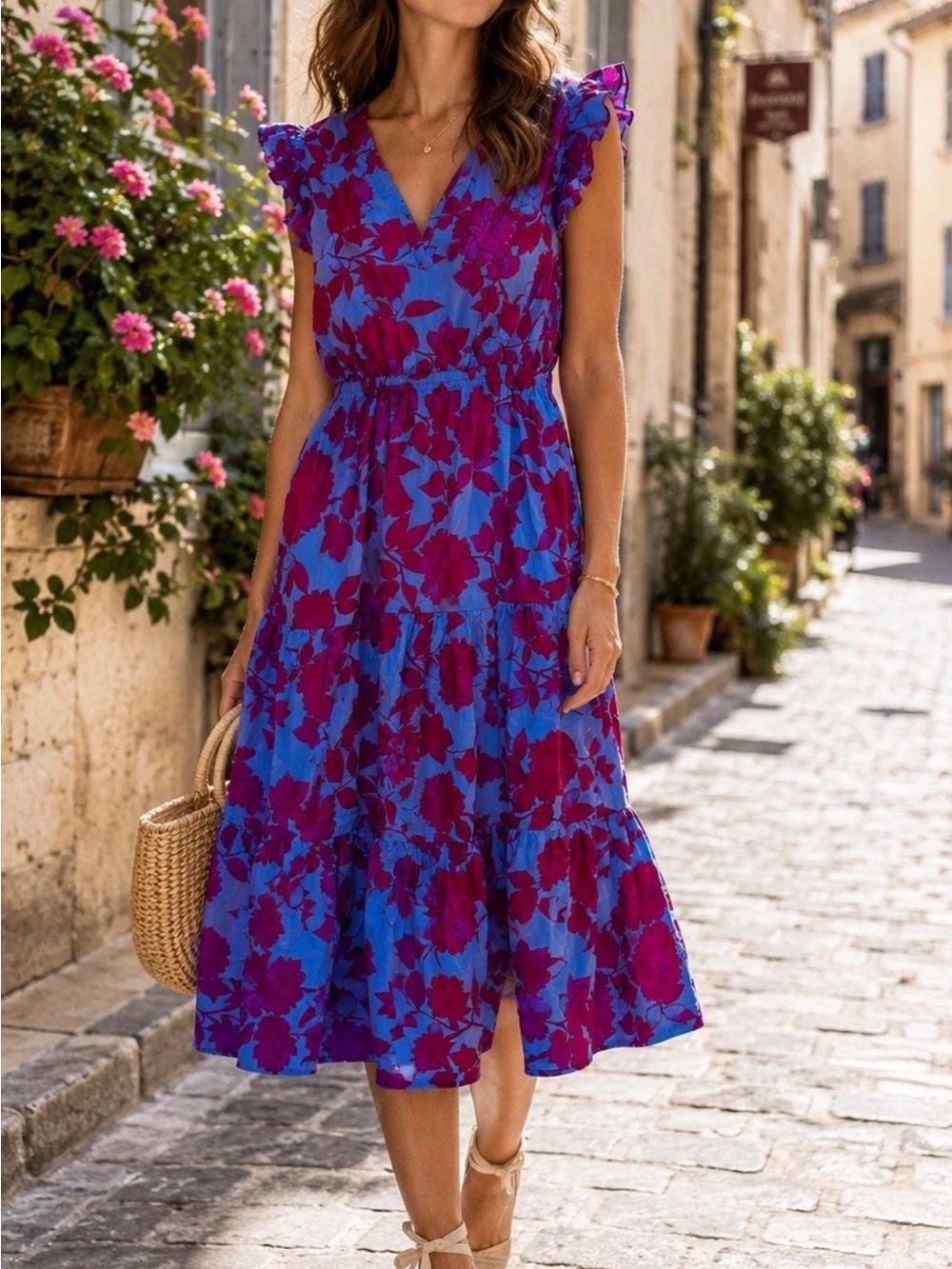 J. Crew Blue and Magenta Floral Midi Dress